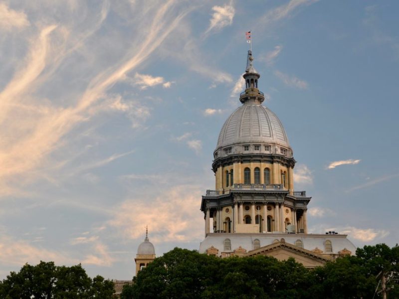 The dome of the Illinois State Capitol over a cluster of trees.