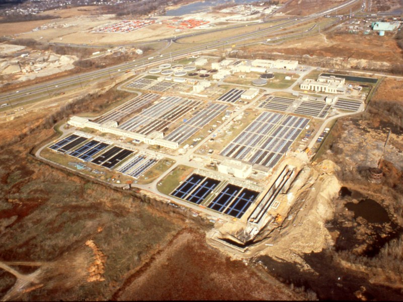 An aerial view of a wastewater treatment plant.