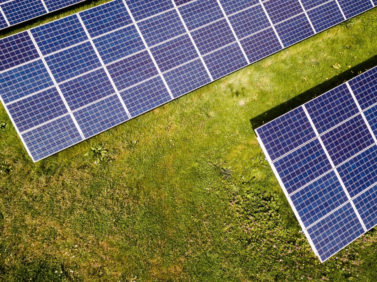 An overhead view of solar panels surrounded by grass