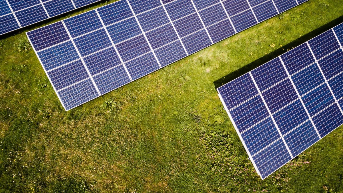 An overhead view of solar panels surrounded by grass