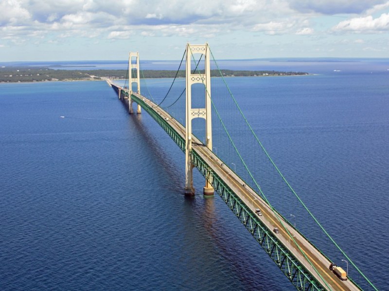 The Mackinac Bridge connects Michigan's Upper and Lower peninsulas across the Straits of Mackinac.