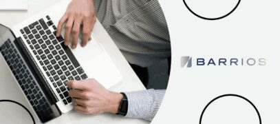 A split image representing Barrios logo on one side and a person operating a laptop on another side