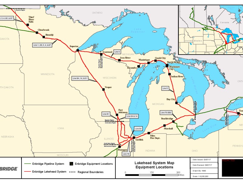 A map of the Great Lakes region shows a network of Enbridge pipelines: Line 5 cuts east and then south around Lake Michigan, Line 61 runs south from Superior into Illinois before connecting with smaller lines that cross Indiana and Michigan and ultimately reach Sarnia, Ontario.