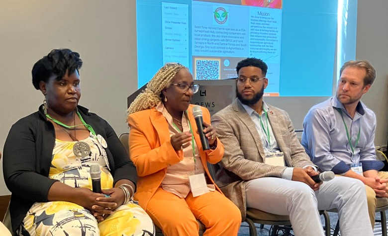 Ena Jones, Cetta Barnhart, Miles Braxton, and Jordan Macknick participate in a panel discussion at the Solar Farm Summit on July 10.