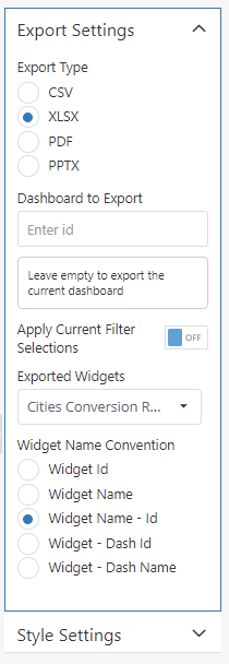Export settings snapshot