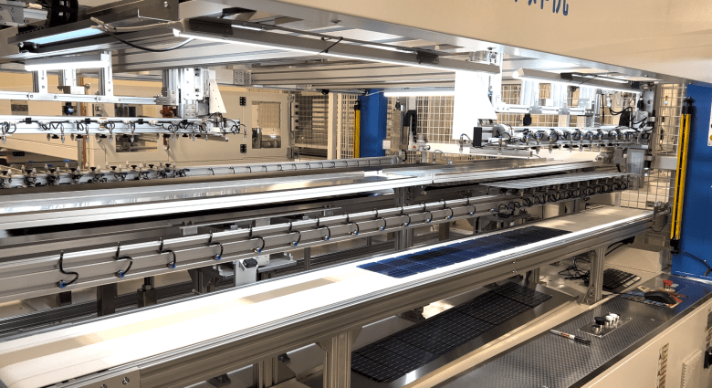 An assembly line at Heliene's solar module assembly plant in Mountain Iron, Minnesota.